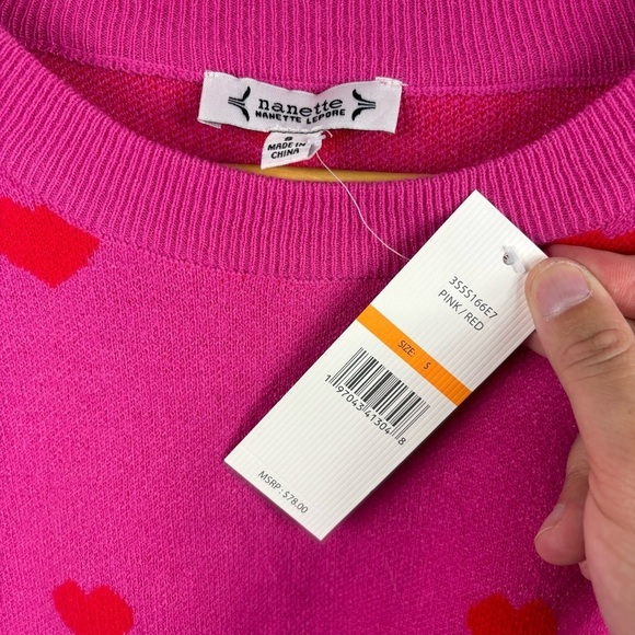 Nanette Lepore Pink Sweater with Red Hearts Crew Neck NWT New size small - Picture 3 of 6